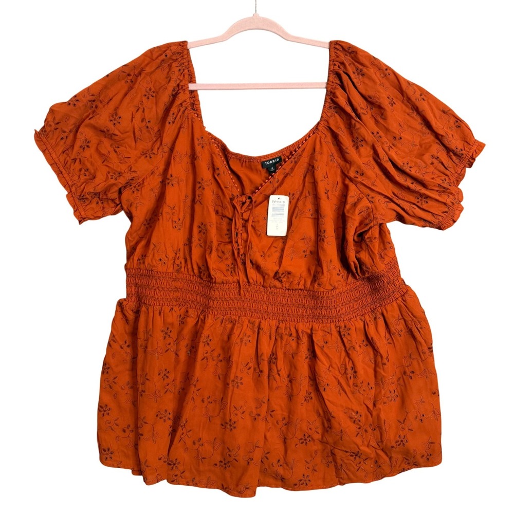 Torrid Eyelet Embroidered Blouse Womens 4 4X Rust Orange Smocked Peplum NEW